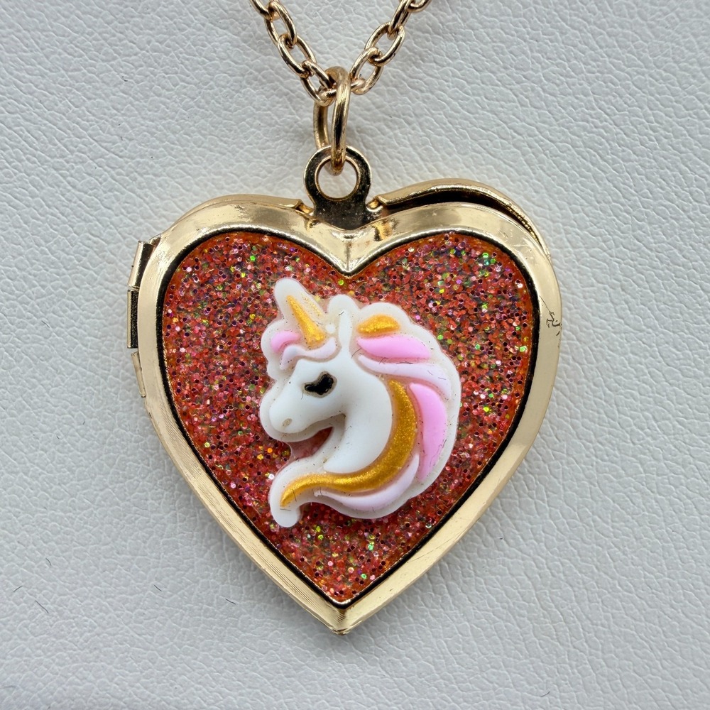 Claire's Gold Tone Heart Locket Necklace with Unicorn Glitter Charm